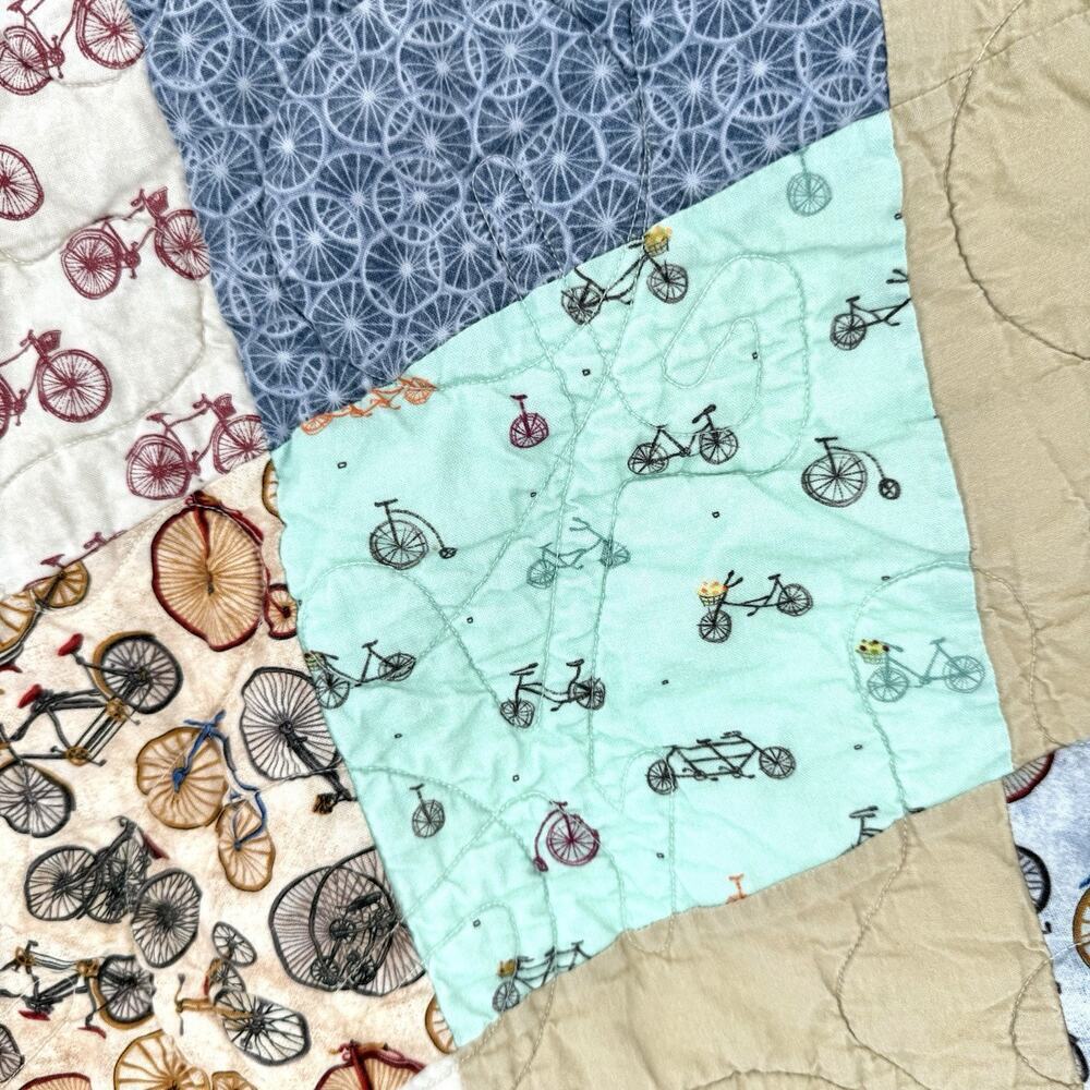 Handmade Throw Lap Quilt 54”x 45” Country Charm Diamond Patch Bicycle Themed - Picture 5 of 8